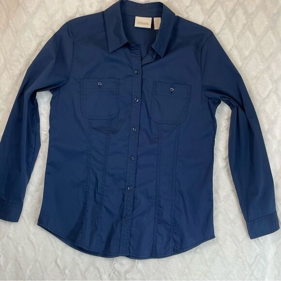 NWT Chico’s Casual Cotton Button Down Collared Long Sleeve Shirt Blue Size 0 - Picture 16 of 16